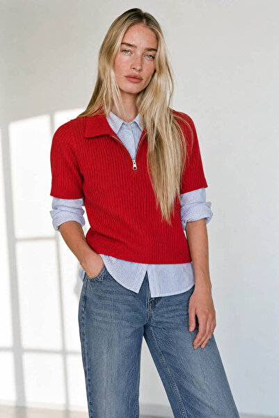 Sue Store Dark Red Zipper Detailed Knitwear Blouse