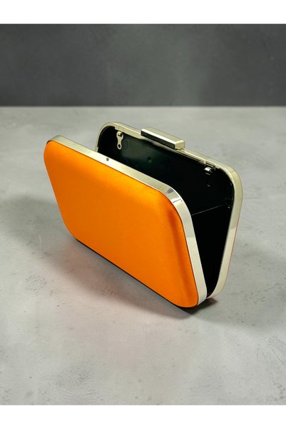 Biçanta Orange Satin Silver Metal Detailed Crystal Stone Embroidered Chain Strap Women's Evening Dress Bag Wedding Engagement Graduation
