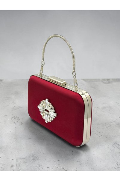 Biçanta Burgundy Satin Silver Metal Detailed Crystal Stone Embroidered Chain Strap Women's Evening Dress Bag Wedding Engagement Graduation