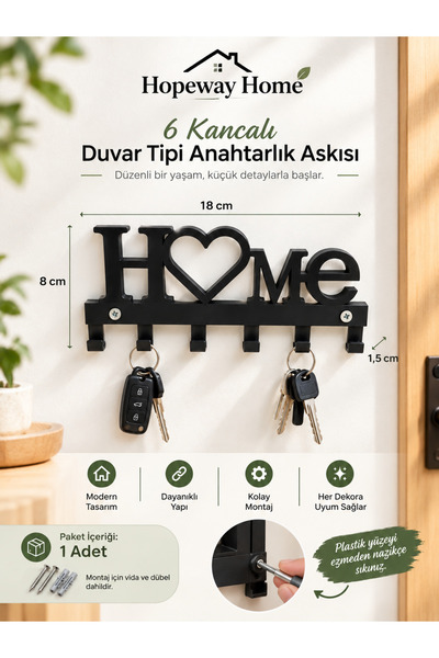 HopeWay Home 6 Kancalı Dekoratif Duvar Tipi Anahtar Askılığı Siyah