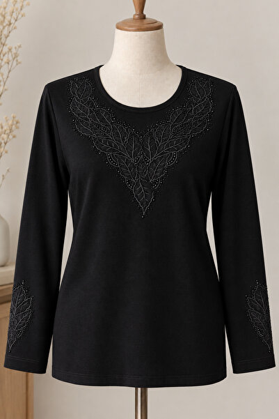 ÖZCAN Women's Luxury Mother's Combed Cotton Blouse with Stone Embellished Col...