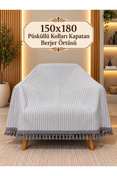 Rain Home Collection Gri 150x180 Püsküllü Kolları Kapatan Berjer Örtüsü