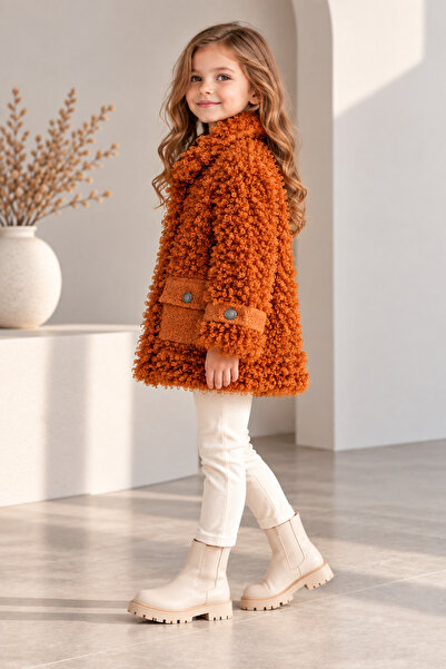 SERAPA Girl's Plush Lamb Coat Teddy Boucle Curly Textured Quilted Lined Buttoned Winter Jacket with Pockets