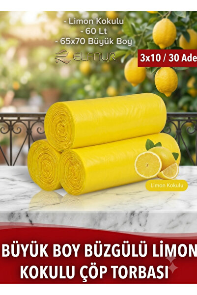 elfnur Büzgülü büyük boy limon kokulu çöp torbası 10 lu 3 rulo 65x75