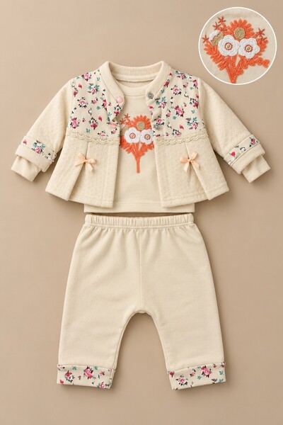 METEOR BABY Baby Girl Set with Floral Lace Detail, 3-Piece Top and Bottom Set...