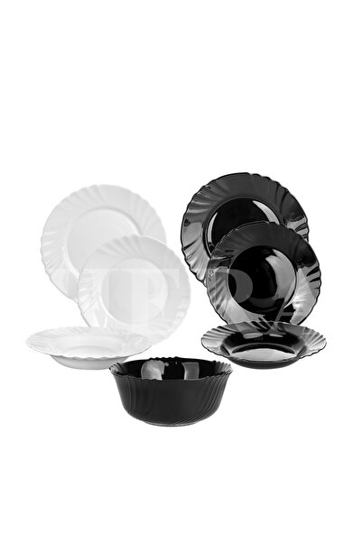 HERA 19-piece opal heat-resistant dinner set, black and white round plates, N...
