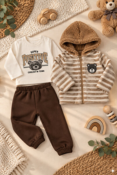 Erkek çocuk Ayı baskılı Peluş Mont Sweatshirt ve Eşofman Altı 3lü set