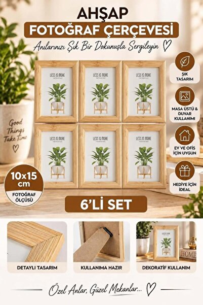 BRE HOME 6'lı Ahşap Çerçeve Seti 10x15 cm Fotoğraf Çerçevesi Dekoratif Masaüs...