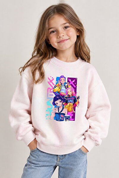 No9Wear % 100 Pamuk Huntrıx K-Pop Demon Baskılı Kız Çocuk Sweatshirt 4-14 Yaş
