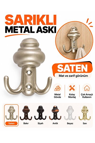 Sarıklı Metal Askı Çift Kancalı Duvar Askısı Mont Çanta Havlu Bornoz Askılığı Dekoratif Metal Askı