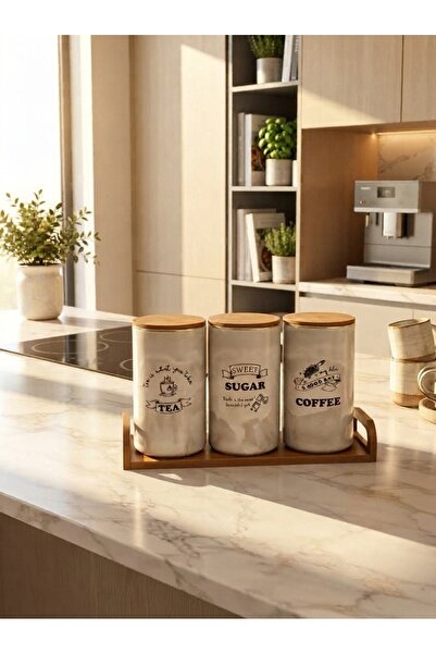 Generic Practical and Stylish Design Tea Sugar Coffee Canister Set Beige/Wooden
