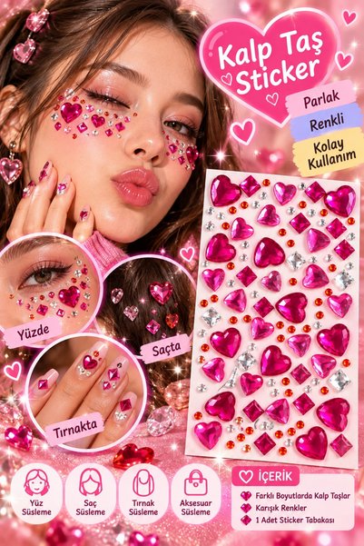 By MO Accessories Yapışkanlı Kalp Taş Sticker Seti – Yüz, Saç, Tırnak ve Akse...