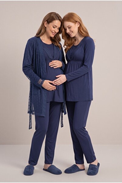 LOHOUSE Women's Navy Blue Lace Maternity Pajama Set with Dressing Gown for Ea...
