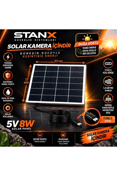 Güneş Paneli Kamera İçin 8W Solar Type-C Çıkışlı 1,5 Metre Kablolu Dış Mekân Panel Panel Ayağı Dahil Değildir.
