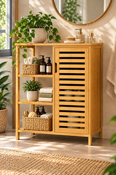 Milonsa Bambu Banyo Dolabı 3 Raflı Kapaklı Doğal Ahşap Banyo Rafı Çok Amaçlı ...