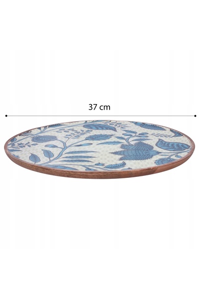 NO BRAND Tavă de servire din lemn, rotundă, albastră, cu motiv decorativ cu f...