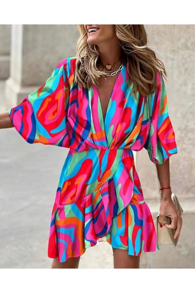 NO BRAND Rochie elegantă de damă, cu mâneci liliac, volane la modă, colorată, L