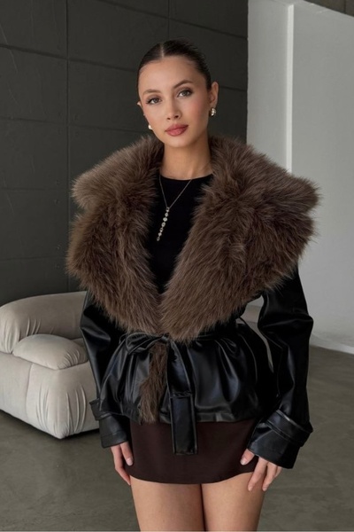 MyBella Fur Collar Belt Detail Short Leather Jacket
