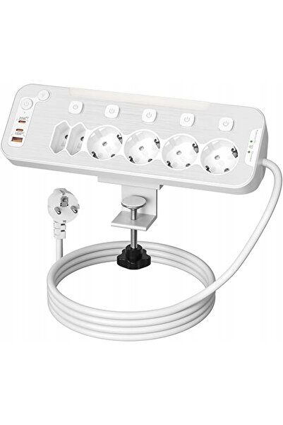 NO BRAND Prelungitor de birou cu 5 prize, cu USB, protecție la supratensiune, 2m
