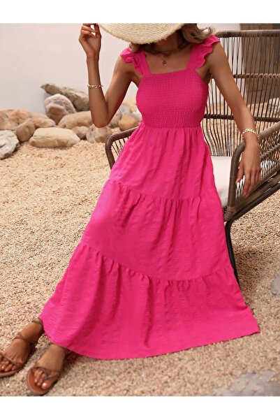 NO BRAND Rochie de vară lejeră, maxi, roz, cu volane, feminină, de plajă