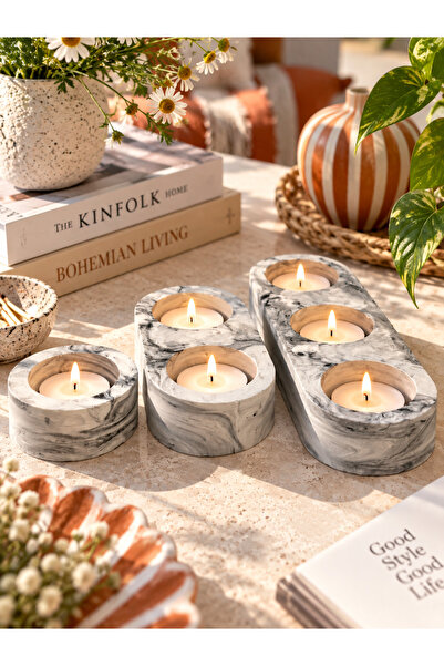 7Light Atelier 3'lü Dekoratif Tealight Mumluk Seti | Mermer Desenli Mumluk | ...