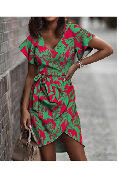 NO BRAND Rochie mini de vară elegantă, verde, cu flori