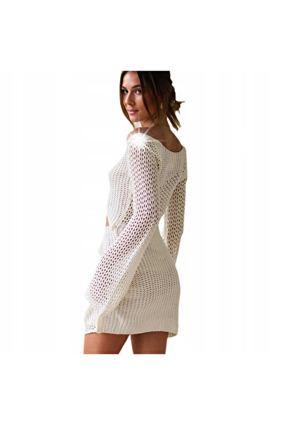 NO BRAND Rochie de plajă tricotată, albă, sexy, cu decupaje, mâneci lungi, L