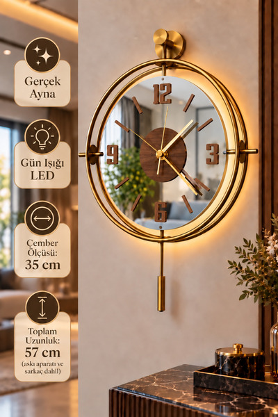 Mgs SAAT DUVAR SAATİ -TİNATTİ CLASS AYNALI SARKAÇLI LEDLİ DUVAR SAATİ DUVAR D...