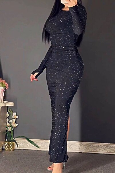 AVEN WOMAN Asimetrik Yaka Uzun Kollu Dar Kesim Full Taşlı Uzun Elbise