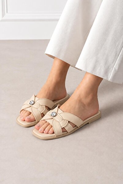 Roshin Shoes Παντόφλες Νέας Σεζόν με κρεμ υφή, λεπτομέρεια από πλέξη και επίπ...