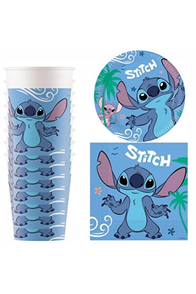 Procos Set de 8 căni + 8 farfurioare + 20 de șervețele cu Stitch + un balon c...