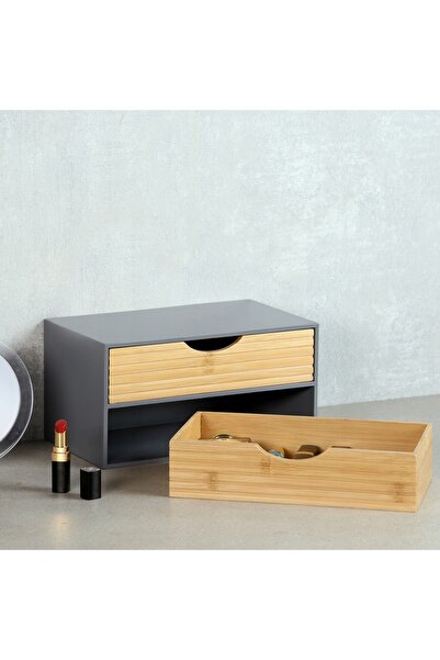 NO BRAND ORGANIZATOR DE BIROU – CUTIE DIN LEMN CU 2 SERTARE, 27X16X14 CM, GRI