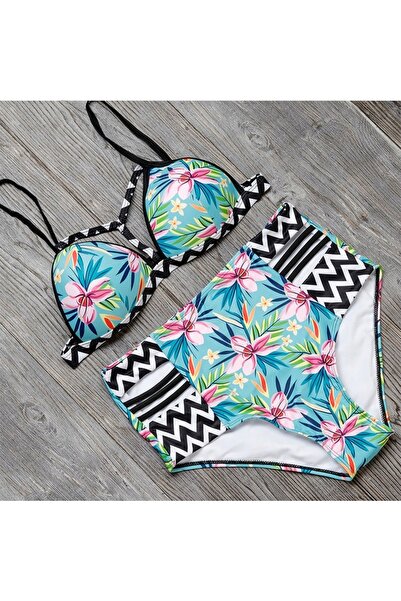 NO BRAND Costum de baie bikini, cu flori, stil boho, top sutien modelator pus...