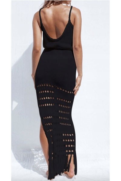 NO BRAND Rochie de plajă tricotată maxi neagră brodată