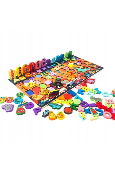 LEO Montessori 7-în-1 – Joc puzzle educativ din lemn cu numere, litere, pești
