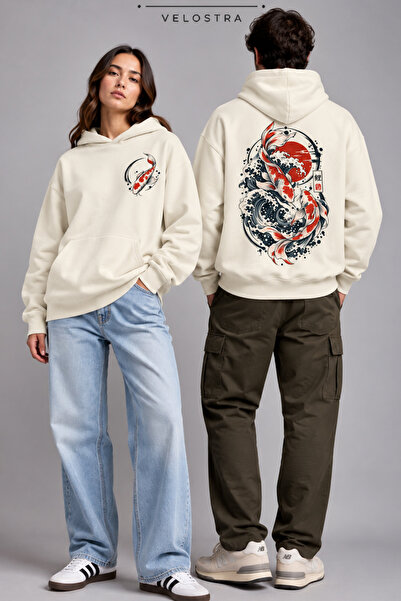 Velostra Unisex Ιαπωνικό φούτερ με στάμπα ψαριού Koi, με σχέδιο μπροστά και π...