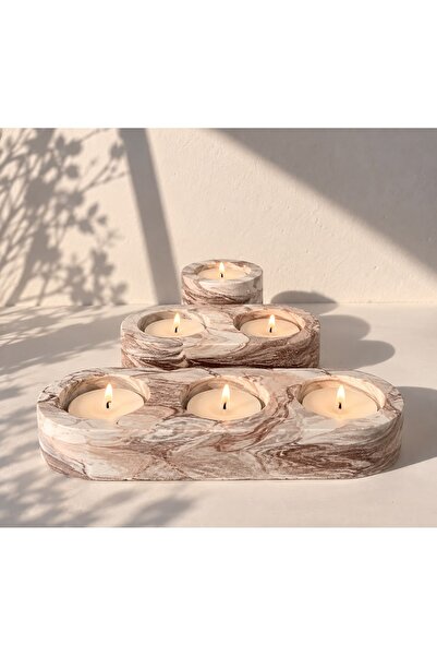 7Light Atelier 3'lü Dekoratif Tealight Mumluk Seti | Mermer Desenli Mumluk | ...