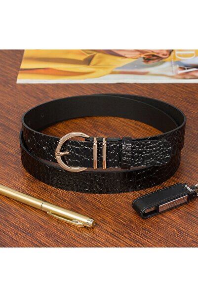 Beltimore Curea de damă din piele croco, neagră, pentru pantaloni eleganți, 3 cm