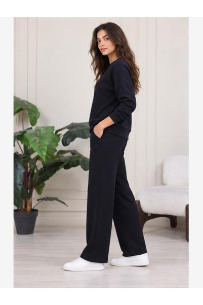EYLÜL ELİF BUTİK Women's Oysho Fabric Crew Neck Sweatshirt and Wide Leg Sweatpants Two-Piece Set