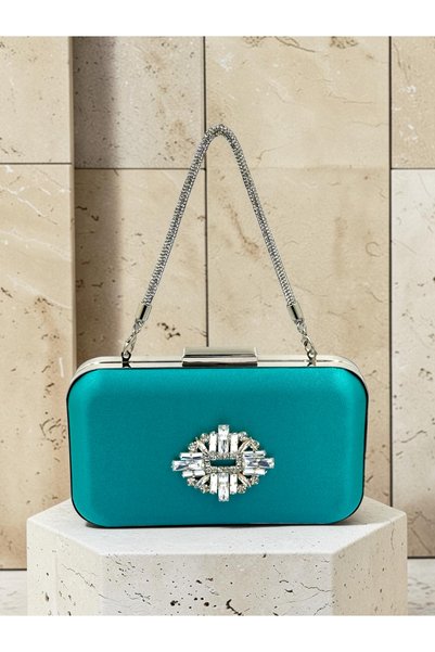 Biçanta Green Satin Silver Metal Detailed Crystal Stone Embroidered Chain Strap Women's Evening Dress Bag Wedding Engagement Graduation