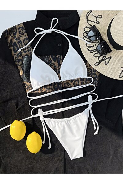 NO BRAND Costum de baie bikini, alb, din două piese, cu legături, pentru plaj...