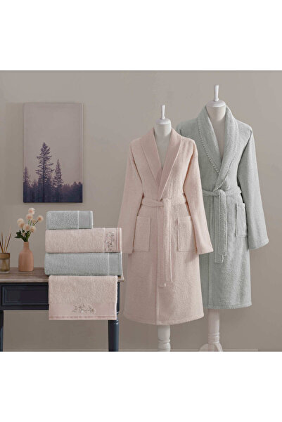 Taç Helena Pure Cotton Embroidered Cotton 6-Piece Family Set Salmon-Grey