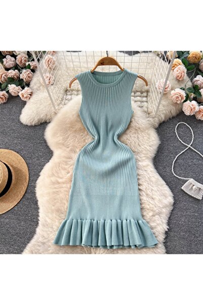 NO BRAND Rochie tricotată elegantă pentru femei, sexy, mulată, albastră cu vo...