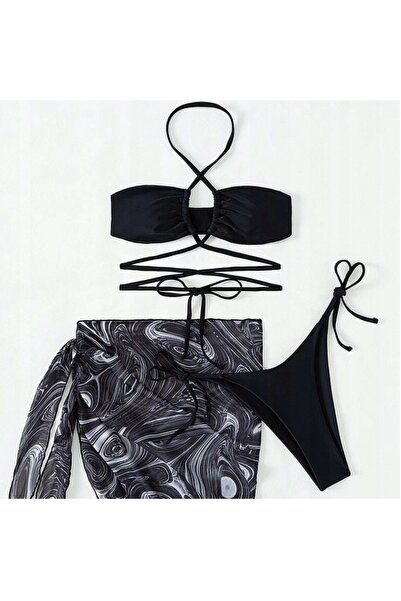 NO BRAND Costum de baie negru, 3 piese, prosop L