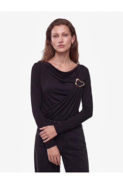 Koton Draped Slim Fit Drape Collar Long Sleeve Snap Fastener Bodysuit with Me...
