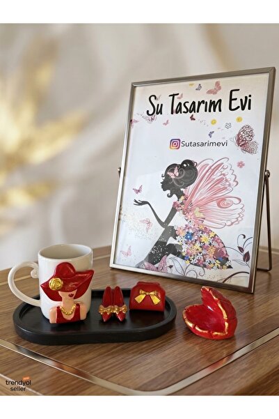 sutasarimevi Su Tasarım Evi Handmade Cup and Coaster Set with Red Hat Woman F...