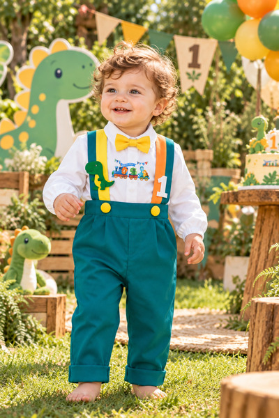 Feriatolye Dinosaur Concept 1 Year Old Boy Salopet Shirt Bow Tie Set