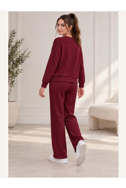 EYLÜL ELİF BUTİK Women's Oysho Fabric Crew Neck Sweatshirt and Wide Leg Sweatpants Two-Piece Set