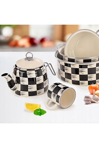 NO BRAND Cană emailată pentru băuturi, cafea, ceai, plante, CHECKERS 400 ml