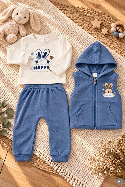 Kız çocuk Kapüşonlu Yelek Desenli Sweatshirt ve Eşofman Altı Pudra